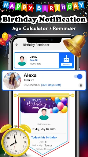 Birthday reminder app displaying contact list with age calculator and notification bell for tracking upcoming birthdays