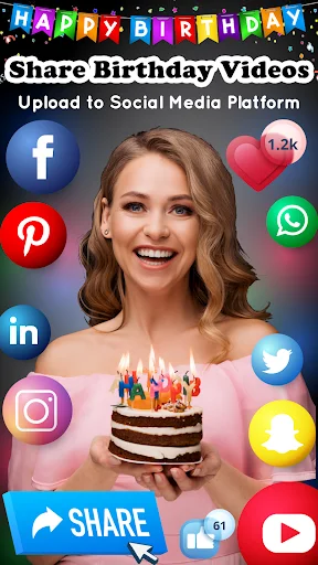 Social media sharing screen for birthday videos with platform icons and smiling woman holding decorated birthday cake