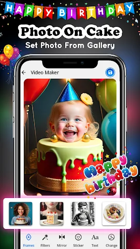 Photo On Cake feature showing child's birthday photo placed on colorful cake with editing tools and gallery thumbnails