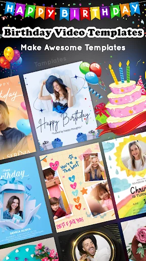 Birthday Video Templates gallery showing various celebration templates with photos and 'Make Awesome Templates' heading