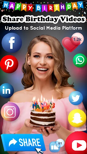 Share Birthday Videos interface displaying social media platform icons including Facebook, WhatsApp, Instagram for sharing