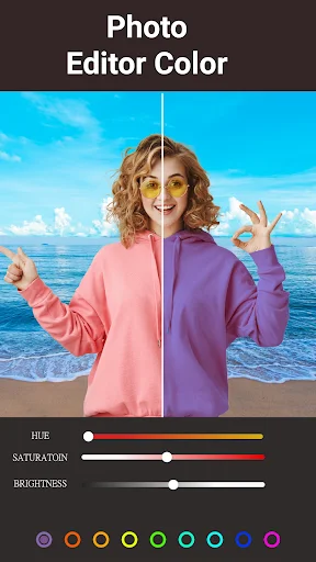 Photo editor with Hue, Saturation, Brightness sliders and color wheel for adjusting photo colors