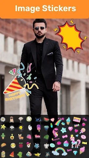 Image sticker editor with colorful decorative stickers and extensive sticker gallery for photo decoration