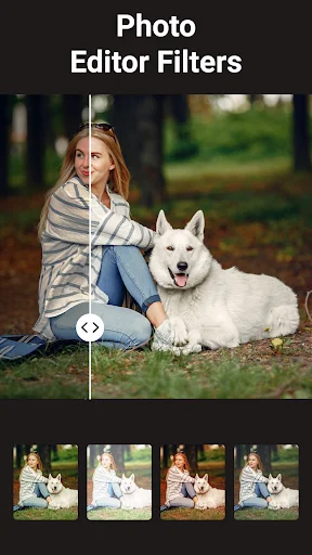 Photo editor showing portrait with dog and gallery of 4 filter variations for instant photo enhancement