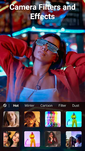 Live camera filters interface displaying effects like Hot, Winter, Cartoon with preview thumbnails