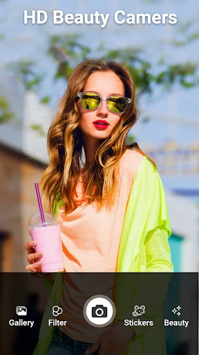 HD beauty camera app interface with Gallery, Filter, Camera, Stickers, and Beauty feature tabs
