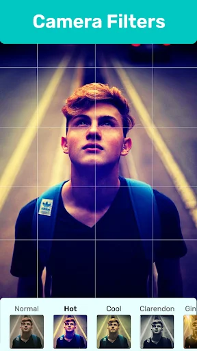 Portrait filter editor with grid overlay showing Hot, Cool, Clarendon, and Gin color filter options