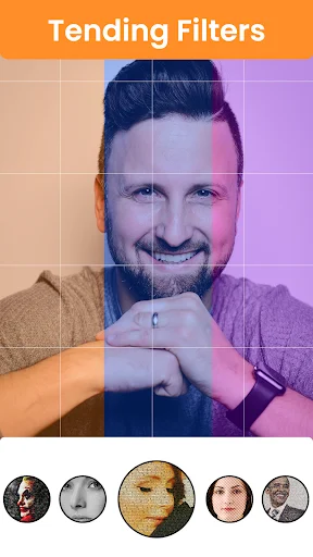 Trending photo filter interface with grid overlay and multiple color filter variations for selfies