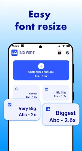 Big Font customization panel showing text size options from 1.5x to 2.6x multipliers for easy font resizing