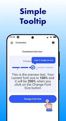 Font size slider with preview text scaling from 100% to 200%, illustrating Big Font app's text adjustment tool