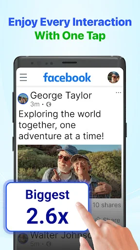 Big Font app enlarging Facebook post text to 2.6x on mobile for improved readability