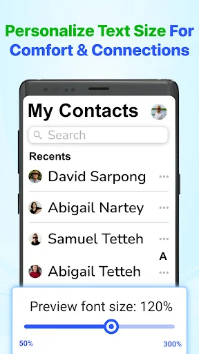 Big Font app font size slider showing 120% preview with 50% to 300% adjustment range