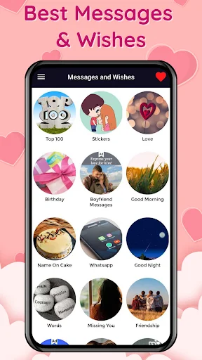 Birthday Wishes app main screen showing message categories: Top 100, Stickers, Love, Birthday, Boyfriend Messages, Good Morning