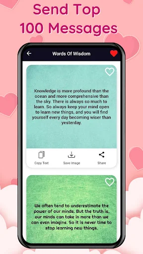 Top 100 Messages screen showing Words of Wisdom quotes on gradient backgrounds with save and share options