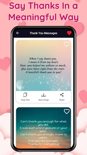 Thank You Messages section with heartfelt appreciation cards on gradient backgrounds and sharing features