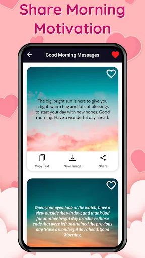 Good Morning Motivation screen displaying sunrise inspiration messages with copy, save, and share buttons
