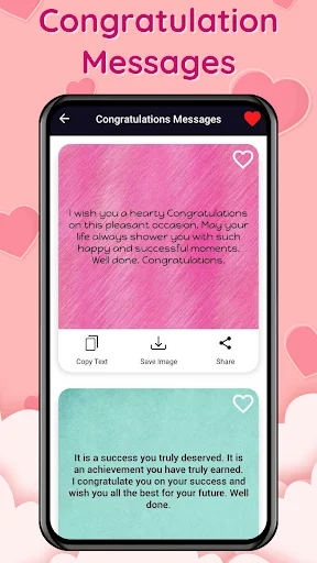 Congratulations Messages screen in Birthday Wishes app displaying heartfelt congratulatory text with copy, save, and share options