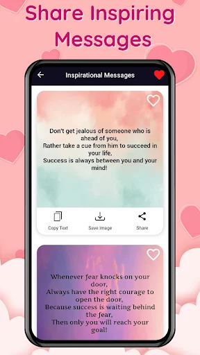 Inspirational Messages screen featuring motivational quotes about success and courage with social sharing options available