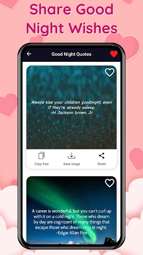 Good Night Quotes screen showing bedtime wishes and parenting quotes with heart favorite and sharing options in the app