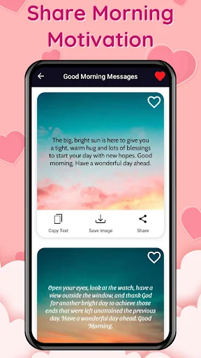 Good Morning Messages featuring motivational sunrise quotes and daily inspiration with copy, save, and share functionality