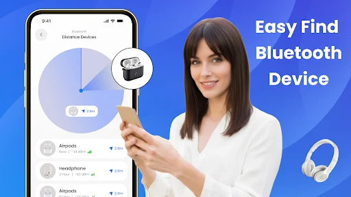 Phone screen displaying easy Bluetooth device finder with scan visualization and connected device list