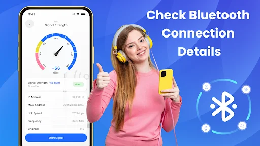 Bluetooth connection details screen showing signal strength, IP address, MAC address, and link speed