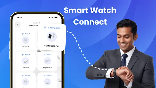 Smart watch and device connection management showing paired devices like headphones, keyboard, mouse