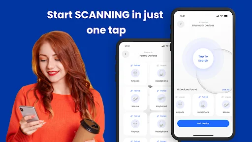 One-tap Bluetooth device scanning interface with device list and quick discovery button