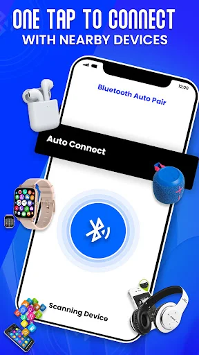 One tap Bluetooth auto pair interface displaying nearby devices including earbuds, smartwatch, and headphones for quick connection