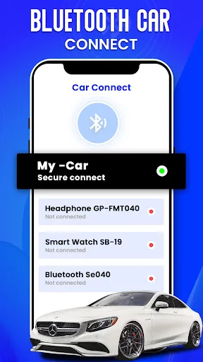 Bluetooth Car Connect screen showing secure car connection status with list of paired and unpaired devices