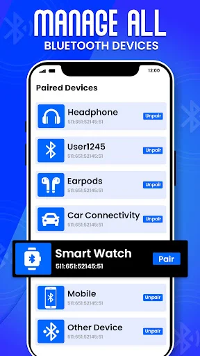 Manage all paired Bluetooth devices screen displaying headphones, smartwatch, earbuds, and car connectivity with pair/unpair options