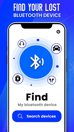 Find your lost Bluetooth device feature with central Bluetooth icon surrounded by device type shortcuts and search functionality