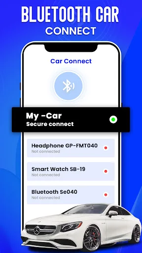 Bluetooth car connect screen showing My-Car secure connection status and paired automotive devices list