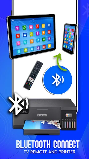 Bluetooth connect app showing TV remote and printer connectivity with tablets, phones and media device pairing