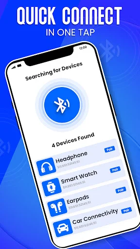 Quick connect Bluetooth scanner showing 4 devices found including headphones, smartwatch, earbuds and car connectivity