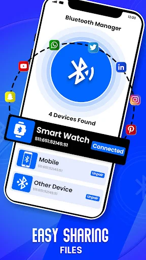 Bluetooth manager with easy file sharing feature displaying connected smartwatch and mobile device pairing options