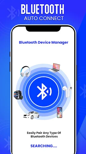 Bluetooth Device Manager main screen showing auto connect feature with multiple device icons and active searching status