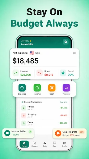 Budget tracking dashboard showing net balance, income, spending, savings percentage, recent transactions, and budget goal progress