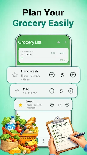 Grocery shopping list tracker showing items, prices, quantities, and budget allocation of $20 out of $400 with spending controls