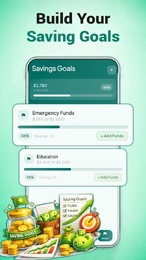 Savings Goals tracker showing multiple goals with progress bars and add funds options for emergency and education savings
