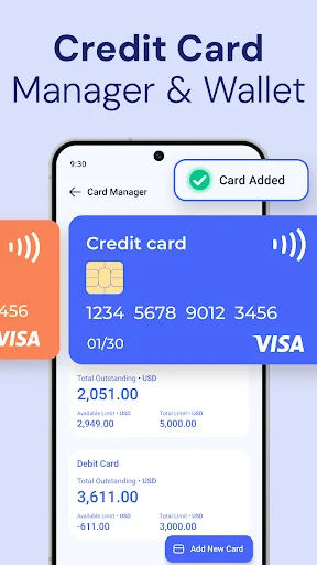 Credit Card Manager app main screen showing Visa credit card details with balance $2,051, debit card $3,611, and Add New Card button