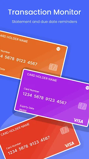 Transaction monitoring dashboard with multiple colorful credit cards showing statement and due date reminder capabilities