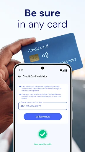 Credit card validator feature with card number input field, validation button, and success checkmark for secure card verification