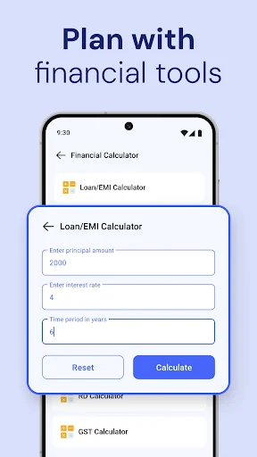 Financial calculator tools screen featuring loan EMI calculator with principal amount, interest rate, and time period input fields