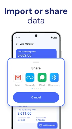 Credit card data sharing options with Gmail, ShareMe, Chat, Bluetooth icons for exporting transaction and balance information