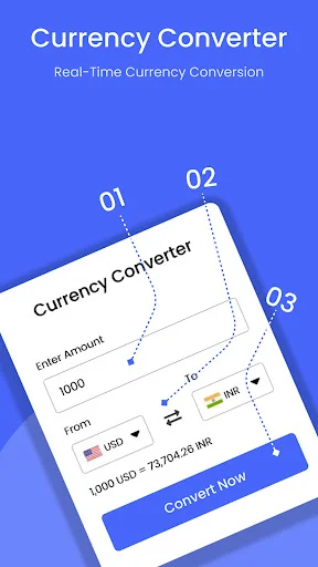 Currency converter interface showing real-time conversion rates with INR currency selection and Convert Now button functionality