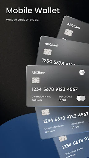Mobile Wallet app home screen showing multiple credit cards stacked with ABCBank branding and card numbers for NFC payments
