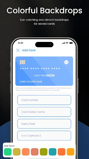 Add card screen with blue gradient background, input fields for card details, and colorful customization options
