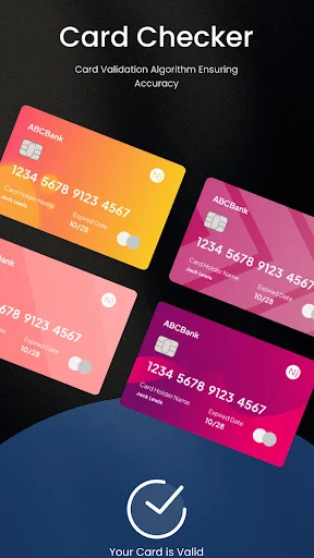 Card checker validation screen showing four colorful credit cards with accuracy confirmation checkmark for verification