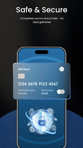 Safe and secure mobile wallet featuring encrypted card storage with shield protection icon for private NFC payments